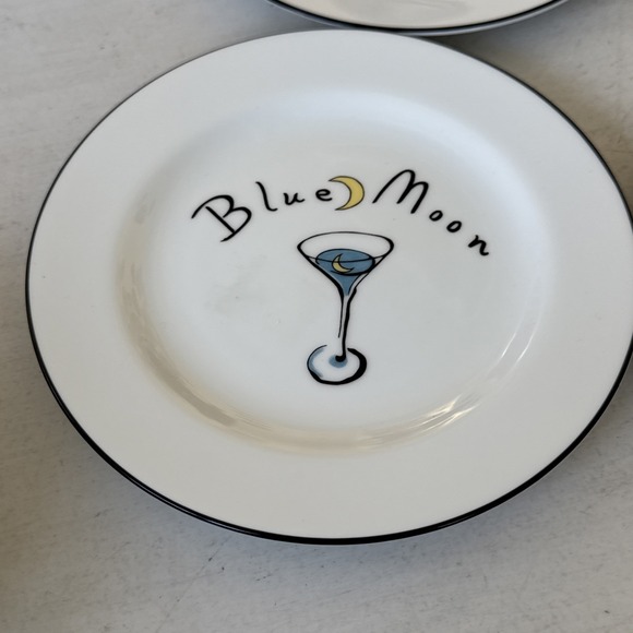 Pottery Barn 4 Martini Cocktail Plates Appletini Cosmo Lemon Drop Blue Moon - Picture 2 of 7